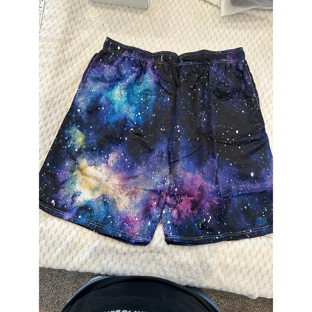 Mens Galaxy Nebula Print Swim Trunks Blue Purple Mesh Lined Shorts 2XL P1046